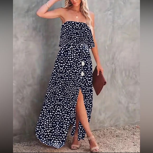 Boho dots drawstring waist tube maxi dress - Picture 14 of 16